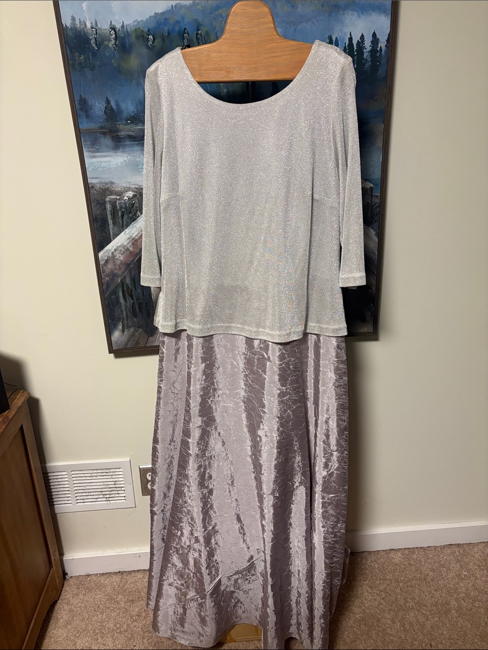Silver Crushed satin Maxi Dress with Sparkle Top